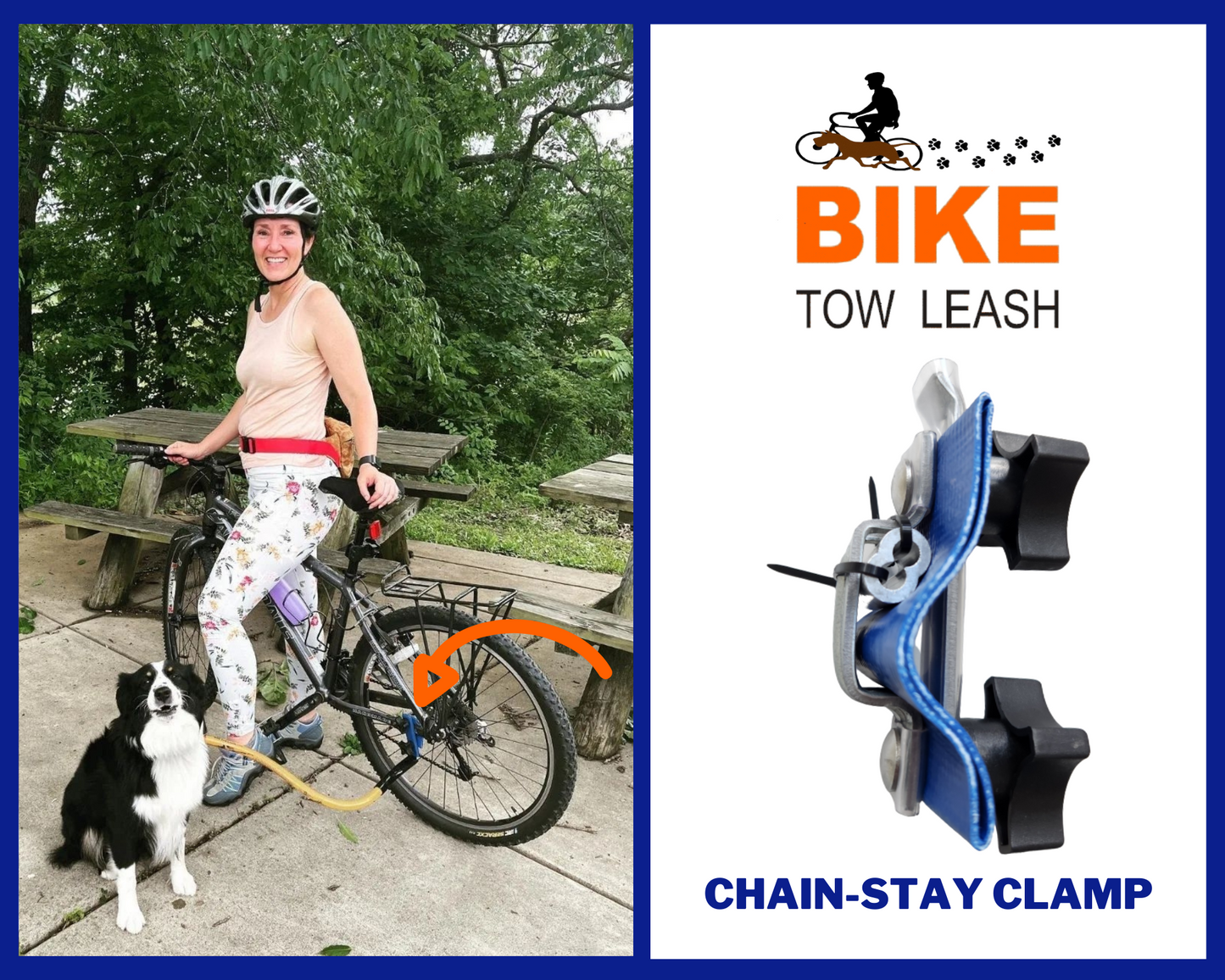 Same as before:On Left is A lifestyle photo with a woman looking back smiling at the camera while standing on a bike Beside her is a medium sized black and white border collie clipped to a Bike tow leash attached to the bike using the Chain-Stay Clamp. On the right is the Chain-stay Clamp magnified to view the details.