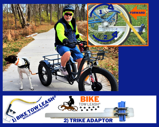 (Same image as before with just more written details, as the other was for google bots) Trike package: with Bike Tow Leash and trike adapter for trikes with 2 wheels in the back (shown at the bottom).