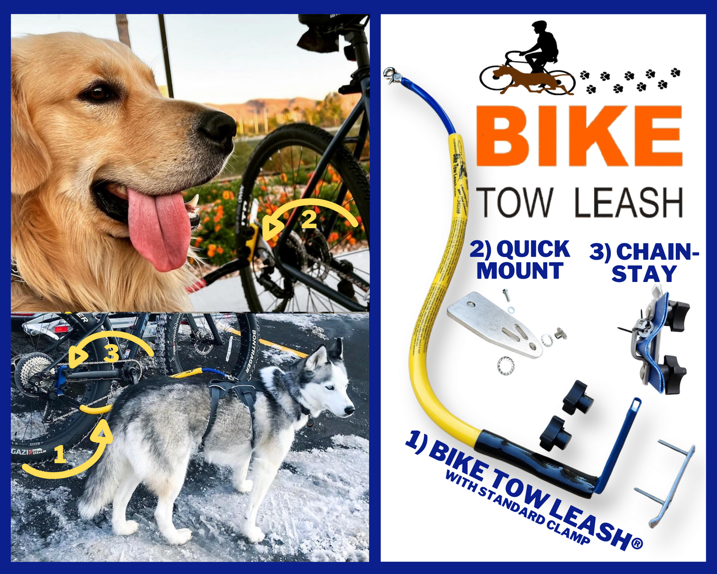 On the the upper left is a happy golden attached to a red leash on a bike via Quick Mount. On the Bottom Left is a focused husky on a yellow leash that is attached via a chain stay clamp. The image on the right is of a yellow leash with standard clamp, a quick mount , a chainstay clamp, and the bike tow leash logo of a bikerider with a dog running beside them.