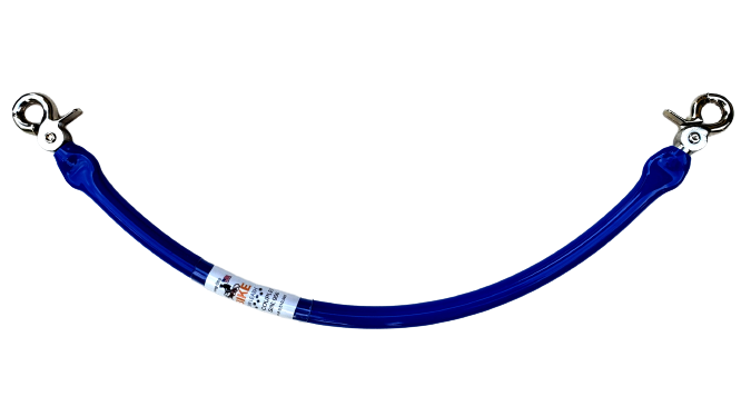 A Dog Coupler it's blue curved flexible springy cord with 2 lobster clips for safely attaching 2 dogs together