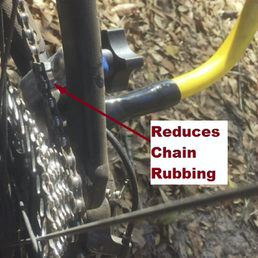 Chain Stay Clamp attachment for Bike Tow Leash® on a bike with an arrow pointing to the spot where the chain stay reduces chain rubbing