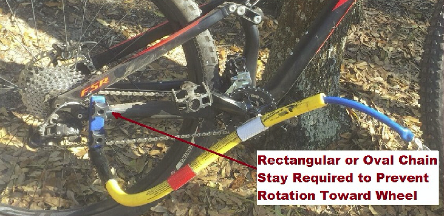 Chain Stay Clamp attachment for Bike Tow Leash® on a bike & Bike Tow Leash® a box reads "rectangular or oval chain stay required to prevent rotation toward wheel"
