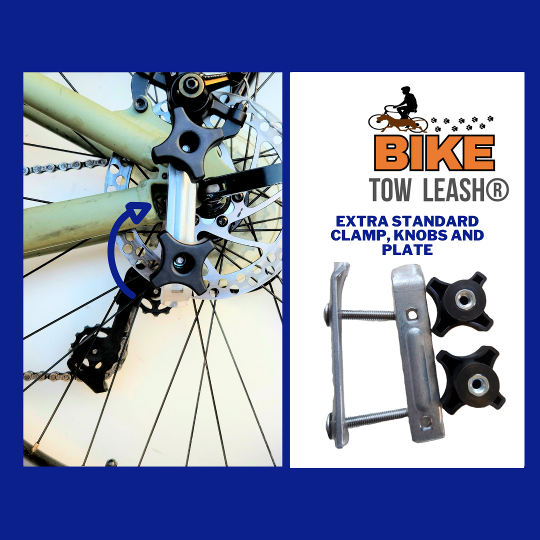 photo of extra standard clamp,plate, and knobs in use on left with arrow pointing to it. The individual pieces of the parts are displayed on the right laid out.