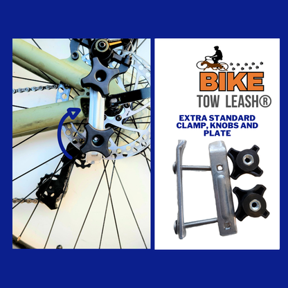 photo of extra standard clamp,plate, and knobs in use on left with arrow pointing to it. The individual pieces of the parts are displayed on the right laid out.