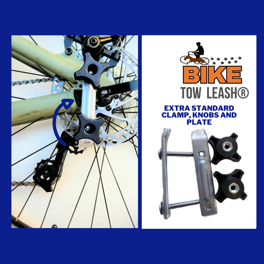photo of extra standard clamp,plate, and knobs in use on left with arrow pointing to it. The individual pieces of the parts are displayed on the right laid out.
