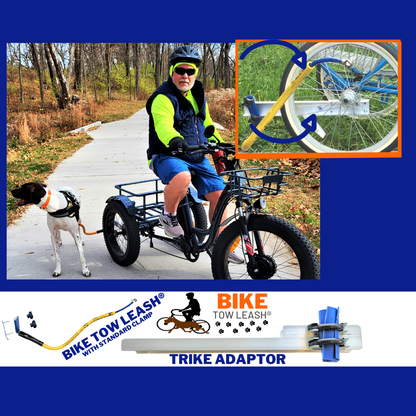 Trike package: with Bike Tow Leash and trike adapter for trikes with 2 wheels in the back (shown at the bottom). This is Shown by a man riding a fat tire adult trike on a path in the woods with his hunting dog.
