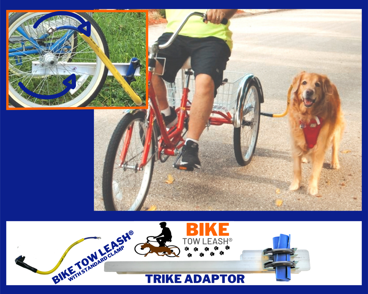 Bike Tow Leash trike adaptor package with a person riding a bike and a dog on a leash.