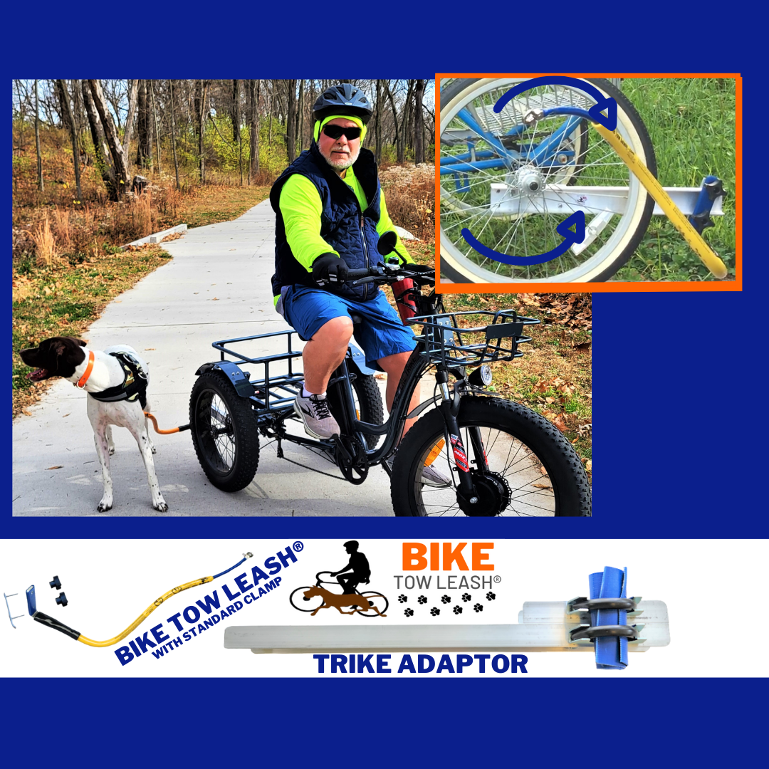 Trike package: with Bike Tow Leash and trike adapter for trikes with 2 wheels in the back (shown at the bottom). This is Shown by a man riding a fat tire adult trike on a path in the woods with his hunting dog.