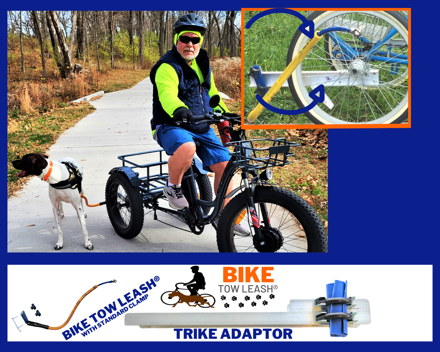 Person riding a trike with a dog on a path, featuring Bike Tow Leash products.