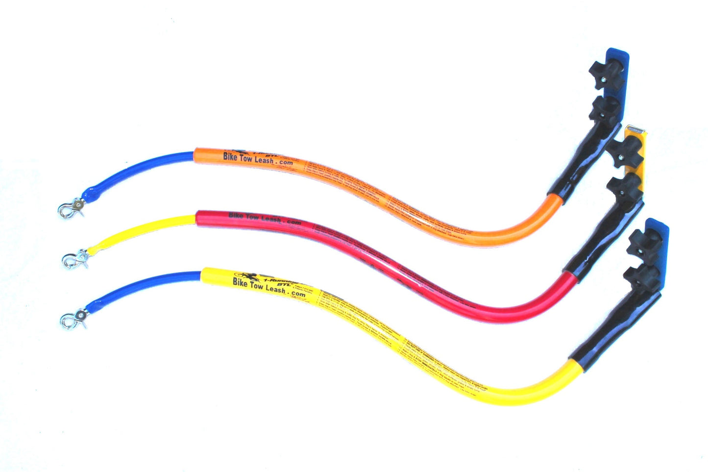 3 Bike Tow Leash® in 3 colors orange, red, and yellow on a white background