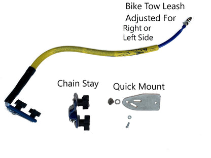 A yellow Bike Tow Leash® with the words " Bike Tow Leash Adjusted for Right or Left side". Under it is A labeled Chain Stay Clamp with a blue protective shim and knobs. Beside it is a labeled Quick Mount plate with toothed washers, bolt, and recessed nut.