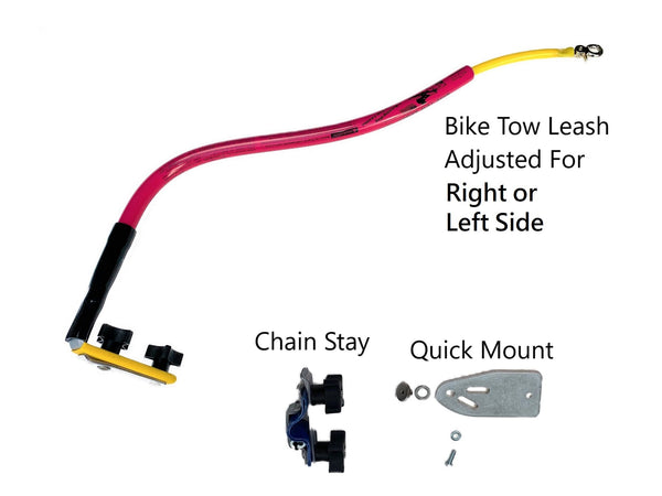 A red Bike Tow Leash® with the words " Bike Tow Leash Adjusted for Right or Left side". Under it is A labeled Chain Stay Clamp with a blue protective shim and knobs. Beside it is a labeled Quick Mount plate with toothed washers, bolt, and recessed nut.