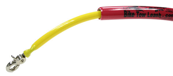 a close up of the yellow cord & clip of a red Bike Tow Leash®