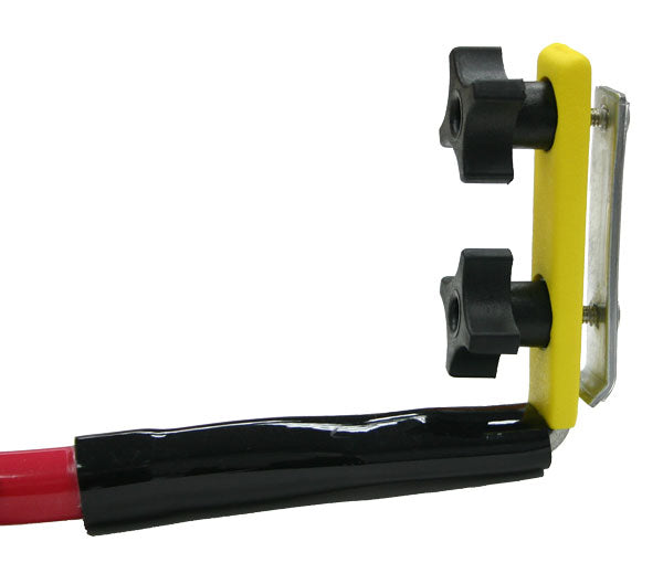a close up of the standard clamp & knobs of a red Bike Tow Leash®