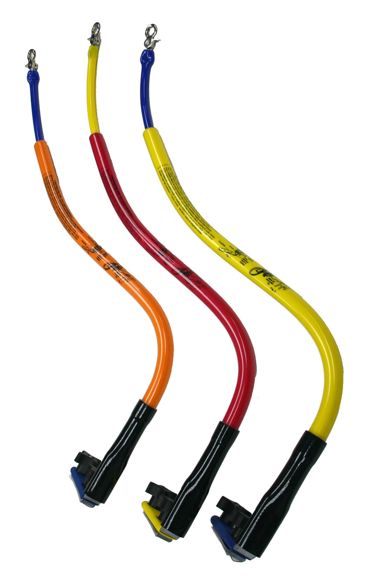 3 Bike Tow Leash® in 3 colors orange, red, and yellow on a transparent background vertically