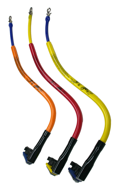 3 Bike Tow Leash® in 3 colors orange, red, and yellow on a transparent background vertically